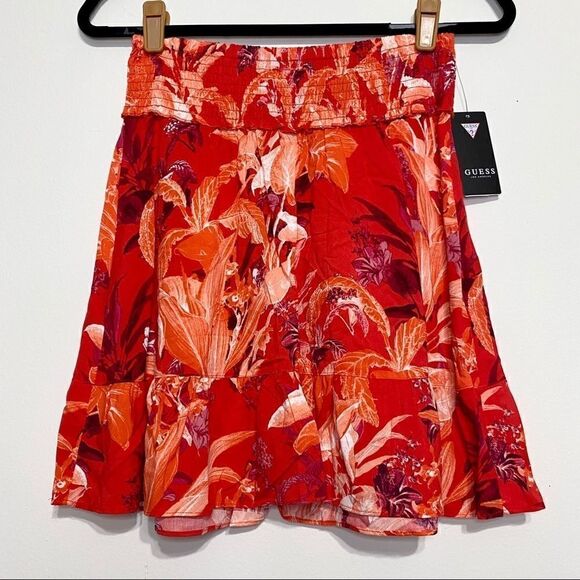 Guess Red Orange Floral Rona Smocked Skirt - Picture 3 of 7